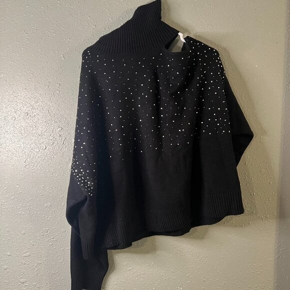 Intempo 4X Black Rhinestone Cold SHoulder Turtleneck Long Sleeve Sweater - Picture 1 of 11